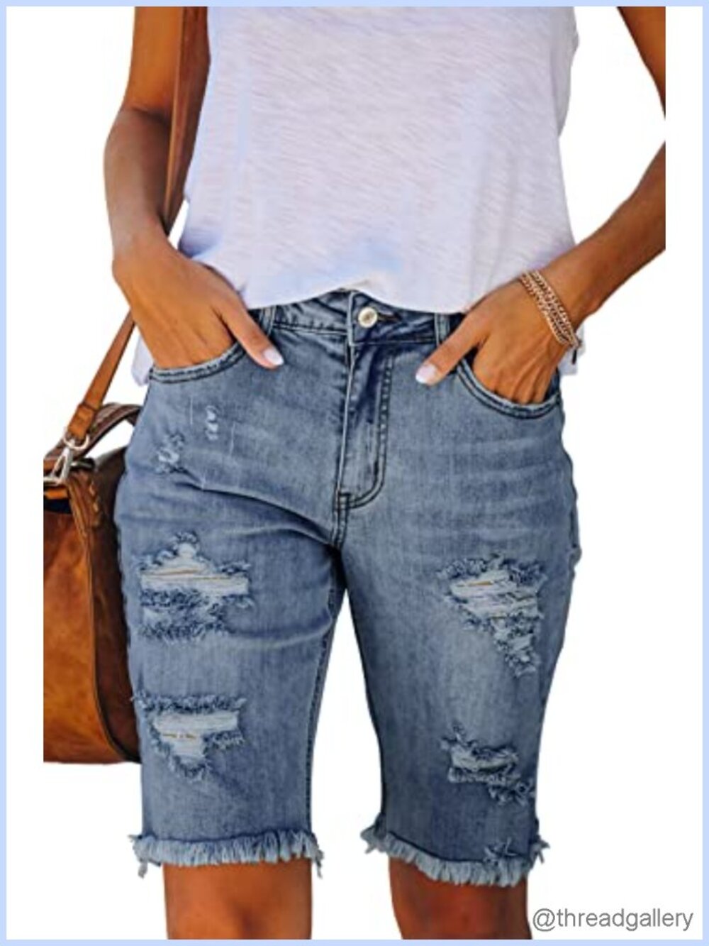 Women's Ripped Mid-Rise Denim Bermuda Shorts Stretchy Jean Shorts 10" Inseam